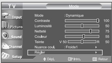 TV Input Picture Sound Channel Setup Mode : Dynamique Contraste 100 Luminosité 50 Nette 75 Couleur 55 Teinte V 50 R 50 Nuance coul. : Froide1 Régler