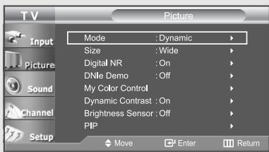 TV Picture Mode : Dynamic > Size : Wide > Digital NR : On > DNie Demo : Off > My Color Control > Dynamic Contrast : On > Brightness Sensor : Off > PIP > Move Enter Return