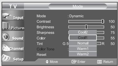 TV Input Picture Sound Channel Setup Mode : Dynamic Contrast 100 Brightness 50 Sharpness Cool2 75 Color Cool1 55 Tint G 5 Normal R 50 Color Tone Warm1 Reset Warm2 Move Enter Return