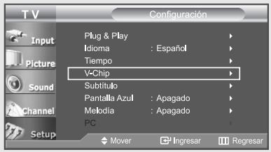 T V Configuración Plug & Play Idioma : Español Tiempo V-Chip Subtítulo Pantalla Azul : Apagado Melodia : Apagado PC Mover Ingresar Regresar