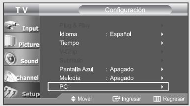 T V Configuración Input Picture Sound Channel Setup Plug & Play Idioma : Español Tiempo V-Chip Subtitulo Pantalla Azul : Apagado Melodia : Apagado PC Mover Ingresar Regresar