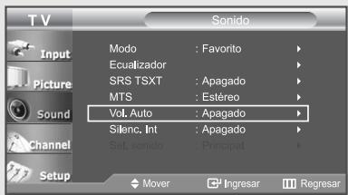TV Input Picture Sound Channel Setup Modo : Favorito Ecualizador SRS TSXT : Apagado MTS : Estéreo Vol. Auto : Apagado Silenc. Int : Apagado Sel sonido : Principal Mover Ingresar Regresar