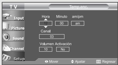 Temp.enc. Input Picture Sound Channel Setup Hora 12 Minuto 00 am/pm am Canal 03 Volumen Activación 10 No Mover Ajustar Regresar