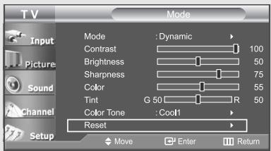 TV Mode Input Picture Sound Channel Setup Mode : Dynamic Contrast 100 Brightness 50 Sharpness 75 Color 55 Tint G 50 R 50 Color Tone : Cool1 Reset