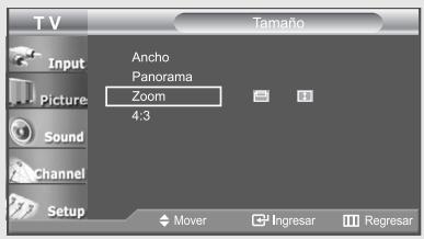 T V Input Picture Sound Channel Setup Ancho Panorama Zoom 4:3 Mover Ingresar Regresar Tamaño