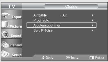 T V Chaine Air/câble : Air Prog. auto Ajouter/supprimer Syn. Précise Dépl. Intro. Retour