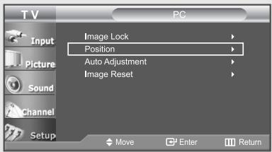 TV PC Input Picture Sound Channel Setup Image Lock Position Auto Adjustment Image Reset Move Enter Return