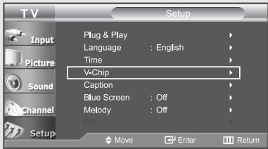T V Input Picture Sound Channel Setup Setup Plug & Play Language : English Time V-Chip Caption Blue Screen : Off Melody : Off FC Move Enter Return