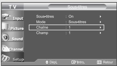 T V Input Picture Sound Channel Setup Sous-titres : On Mode : Sous-titres Chaîne : 1 Champ : 1 Dépl. Intro. Retour
