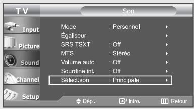 TV Input Picture Sound Channel Setup Mode : Personnel Égaliseur SRS TSXT : Off MTS : Stéréo Volume auto : Off Sourdine intL : Off SelectLson : Principale Dépl. Intro. Retour