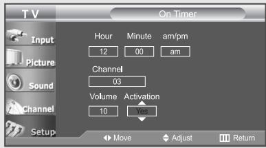 TV Input Picture Sound Channel Setup On Timer Hour 12 Minute 00 am/pm am Channel 03 Volume 10 Activation Vcc Move Adjust Return