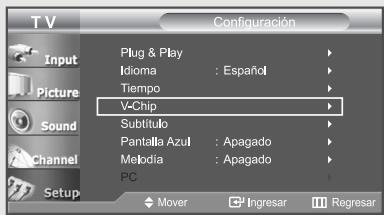 T V Configuración Plug & Play Idioma : Español Tiempo V-Chip Subtítulo Pantalla Azul : Apagado Melodia : Apagado PC Mover Ingresar Regresar