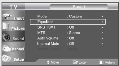 TV Input Picture Sound Channel Setup Mode : Custom Equalizer SRS TSXT : Off MTS : Stereo Auto Volume : Off Internal Mute : Off Sound Select : Main Move Enter Return