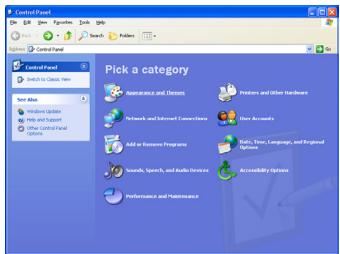 Control Panel Pick a category Maintenance and Services Desktops and other Hardware Network and Internet Connections Data Accounts Add or Remove Programs Make, Time, Language, and Regional Options Smooth, Speech, and Audio Devices Accessibility Options Performance and Maintenance