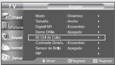 T V Input Picture Sound Channel Setup Imagen Modo : Dinámico Tamaño : Ancho Digital NR : Encendido Demo DNle : Apagado Mi Ctrl de Color Contraste Dinám. : Encendido Sensor de Brito : Apagado PIP Mover Ingresar Regresar