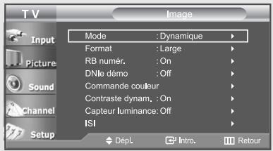 TV Input Picture Sound Channel Setup Mode : Dynamique Format : Large RB numér. : On DNlè démo : Off Commande couleur Contraste dynam. : On Capteur luminance: Off ISI Dépl. Intro. Retour