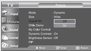 TV Picture Input Mode : Dynamic Size : Wide Digital NR Off DNMe Demo On My Color Control Dynamic Contrast : On Brightness Sensor : Off PIP Move Enter Return