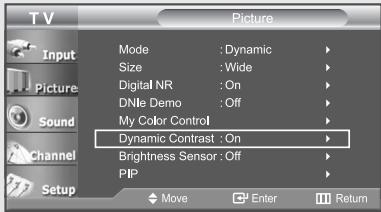 TV Picture Input Mode : Dynamic Size : Wide Digital NR : On DNlE Demo : Off My Color Control Dynamic Contrast : On Brightness Sensor : Off PIP Move Enter Return