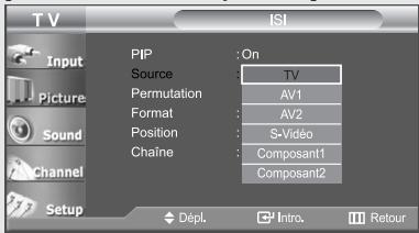 TV ISI Input PIP : On Source : TV Permutation : AV1 Format : AV2 Position : S-Viséo Chaîne : Composant1 Composant2 Setup Dépl. Intro. Retour