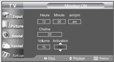 TV Input Picture Sound Channel Setup Minuteur ON Heure Minute am/pm 12 00 am Chaine 03 Volume Activation 10 CU Dépl Réglage Retour