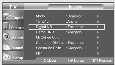 TV Imagen Input Modo : Dinámico Tamaño : Ancho Picture Digital NR : Encendido Demo DNl: Apagado Mi Ctrl de Color Contraste Dinám. : Encendido Sensor de Brillo : Apagado PIP Mover Ingresar Regresar Sound Channel Setup