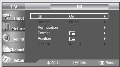 TV ISI ISI : On Source : HDMI Permutation Format : Position : Chaine : Air 3 Input Picture Sound Channel Setup Dépl. Intro. Retour