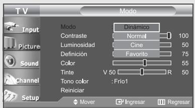 T V Input Picture Sound Channel Setup Modo Contraste Luminosidad Definición Color Tinte Tono color Reiniciar Mover Dinámico Normal Cine Favorito V 50 R Frio1 100 50 75 55 50 Ingresar Regresar