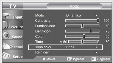 TV Input Picture Sound Channel Setup Mode Contraste : Dinámico Luminosidad 100 Definición 50 Color 75 Tinte V 50 R 50 Tono color : Frío1 Reiniciar Mover Ingresar Regresar