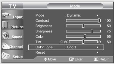 TV Mode Input Picture Sound Channel Setup Mode : Dynamic Contrast 100 Brightness 50 Sharpness 75 Color 55 Tint G 50 R 50 Color Tone : Cool1 Reset Move Enter Return