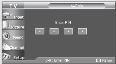 TV V-Chip Input Picture Sound Channel Setup Enter PIN * * * * 0-9 : Enter PIN Return
