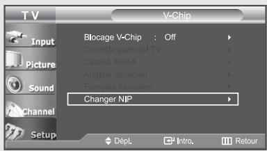 T V Input Picture Sound Channel Setup V-Chip Blocage V-Chip : Off Contrôle parental TV Classif. MPAA Anglais canadien Français canadien Changer NIP Dépl. Intro. Retour