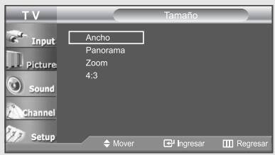TV Input Picture Sound Channel Setup Ancho Panorama Zoom 4:3 Mover Ingresar Regresar Tamaño