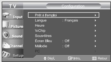 Configuration Prêt à l'emploi Langue : Français Heure V-Chip Sous-titres Écran Bleu : Off Mélodie : Off PC Dépl. Intro. Retour