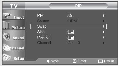 T V PIP PIP :On Source :HDMI Swap Size Position Channel :Air 3 Move Enter Return