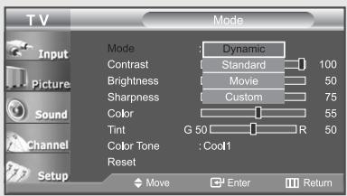 TV Input Picture Sound Channel Setup Mode Dynamic Contrast Standard 100 Brightness Movie 50 Sharpness Custom 75 Color 55 Tint G 50 R 50 Color Tone :Cool1 Reset Move Enter Return