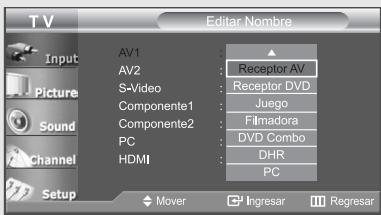 TV Editor Nombre Input Picture Sound Channel Setup AV1 AV2 S-Video Componente1 Componente2 PC HDMI Receptor AV Receptor DVD Juego Filmadora DVD Combo DHR PC Mover Ingresar Regresar
