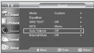 TV Input Picture Sound Channel Setup Mode : Custom Equalizer SRS TSXT : Off MTS : Mono Auto Volume : Off Internal Mute : Off Sound Select : Main Move Enter Return