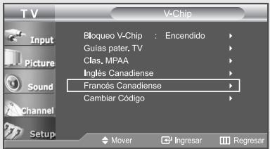 TV Input Picture Sound Channel Setup Bloqueo V-Chip : Encendido Guias pater, TV Clas, MPAA Inglés Canadiense Francés Canadiense Cambiar Código Mover Ingresar Regresar