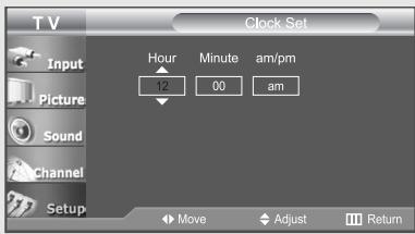 TV Clock Set Input Picture Sound Channel Setup Hour 12 Minute 00 am/pm am Move Adjust Return