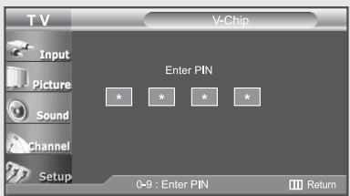 T V V-Chip Input Picture Sound Channel Setup Enter PIN * * * * 0-9 : Enter PIN Return