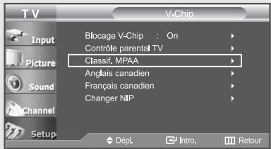 T V Input Picture Sound Channel Setup V-Chip Blocage V-Chip : On Contrôle parental TV Classif, MPAA Anglais canadien Français canadien Changer NIP Dépl. Intro. Retour