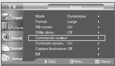 TV Input Picture Sound Channel Setup Mode : Dynamique Format : Large RB numér. : On DNlè demo : Off Commande couleur Contraste dynam. : On Capteur luminance: Off ISI Dépl, Intro, Retour