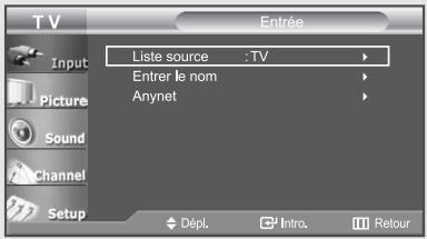 T V Input Picture Sound Channel Setup Liste source :TV Entrer le nom Anynet Dépl. Intro. Retour