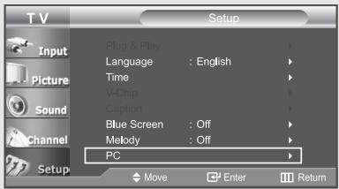 T V Setup Plug & Play Language : English Time V-Chip Caption Blue Screen : Off Melody : Off PC Move Enter Return