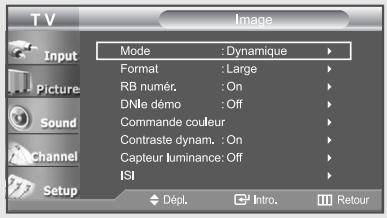 TV Input Picture Sound Channel Setup Mode : Dynamique Format : Large RB numér. : On DNle démo : Off Commande couleur Contraste dynam. : On Capteur luminance: Off ISI Dépl. Intro. Retour