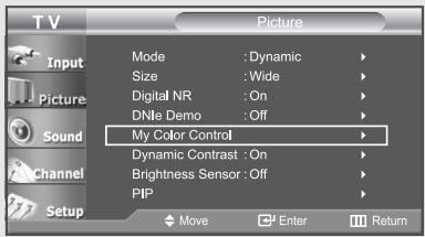 TV Picture Input Mode : Dynamic Size : Wide Digital NR : On DNie Demo : Off My Color Control Dynamic Contrast : On Brightness Sensor : Off PIP Move Enter Return