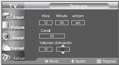 Temp.enc. Hora Minuto am/pm 12 00 am Canal 03 Volumen Activación 10 Si Mover Ajustar Regresar