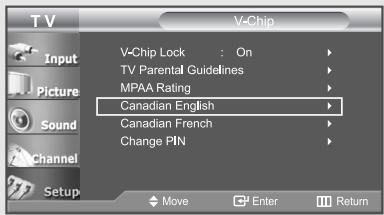 TV Input Picture Sound Channel Setup V-Chip V-Chip Lock : On TV Parental Guidelines MPAA Rating Canadian English Canadian French Change PIN Move Enter Return