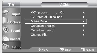 V-Chip Input Picture Sound Channel Setup V-Chip Lock : On TV Parental Guidelines MPAA Rating Canadian English Canadian French Change PIN Move Enter Return