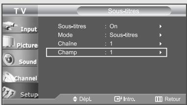 T V Input Picture Sound Channel Setup Sous-titres : On Mode : Sous-titres Chaine : 1 Champ : 1 Dépl. Intro. Retour